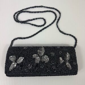 Bijoux Terner Women's Black Silver Beaded Sequin Evening Shoulder Purse Clutch